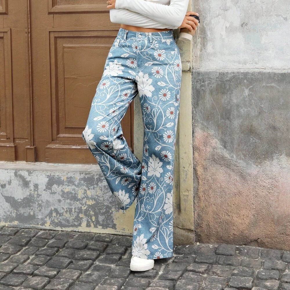 Blue Casual Women's Floral Print Pocket Wide Leg Loose Jeans Pants